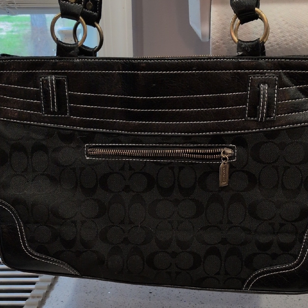 COACH Black Signature Jacquard Tote with Leather Trim